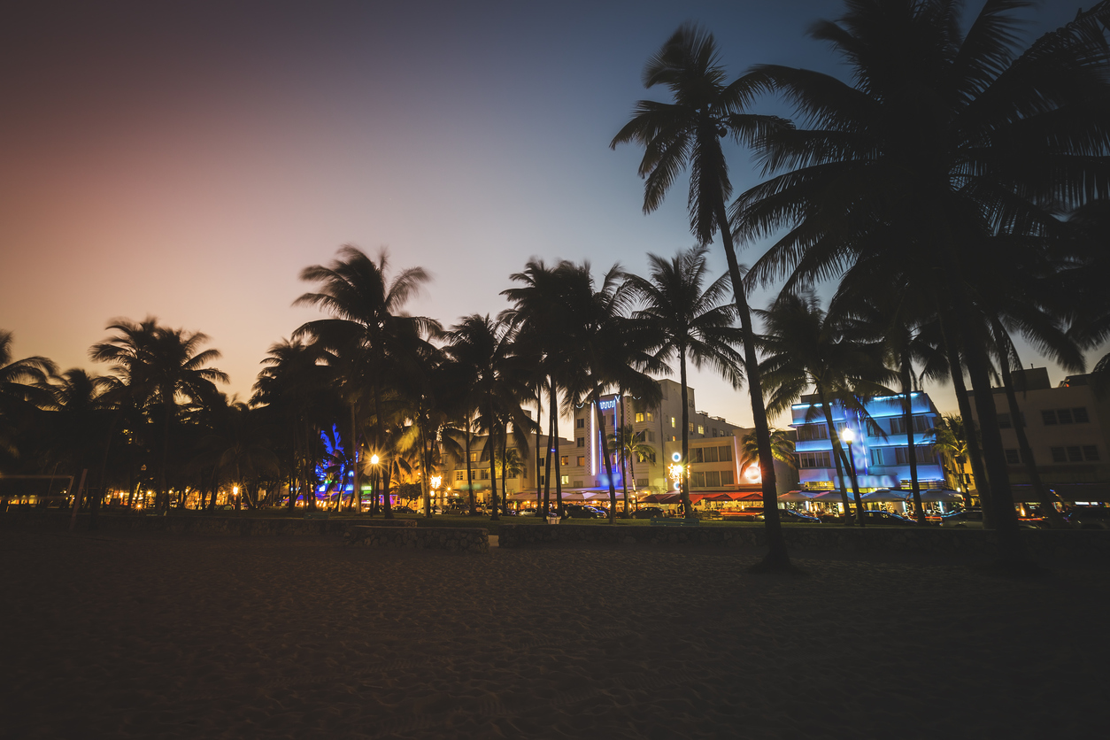 Ocean Drive street with illuminated buildings, South Beach , Florida