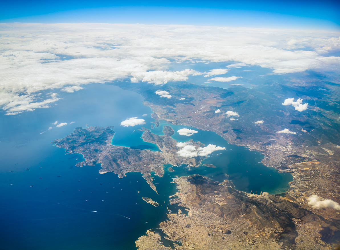 Aerial view on Greek coast with Athens, Salami island, airport, harbor and numerous ships,